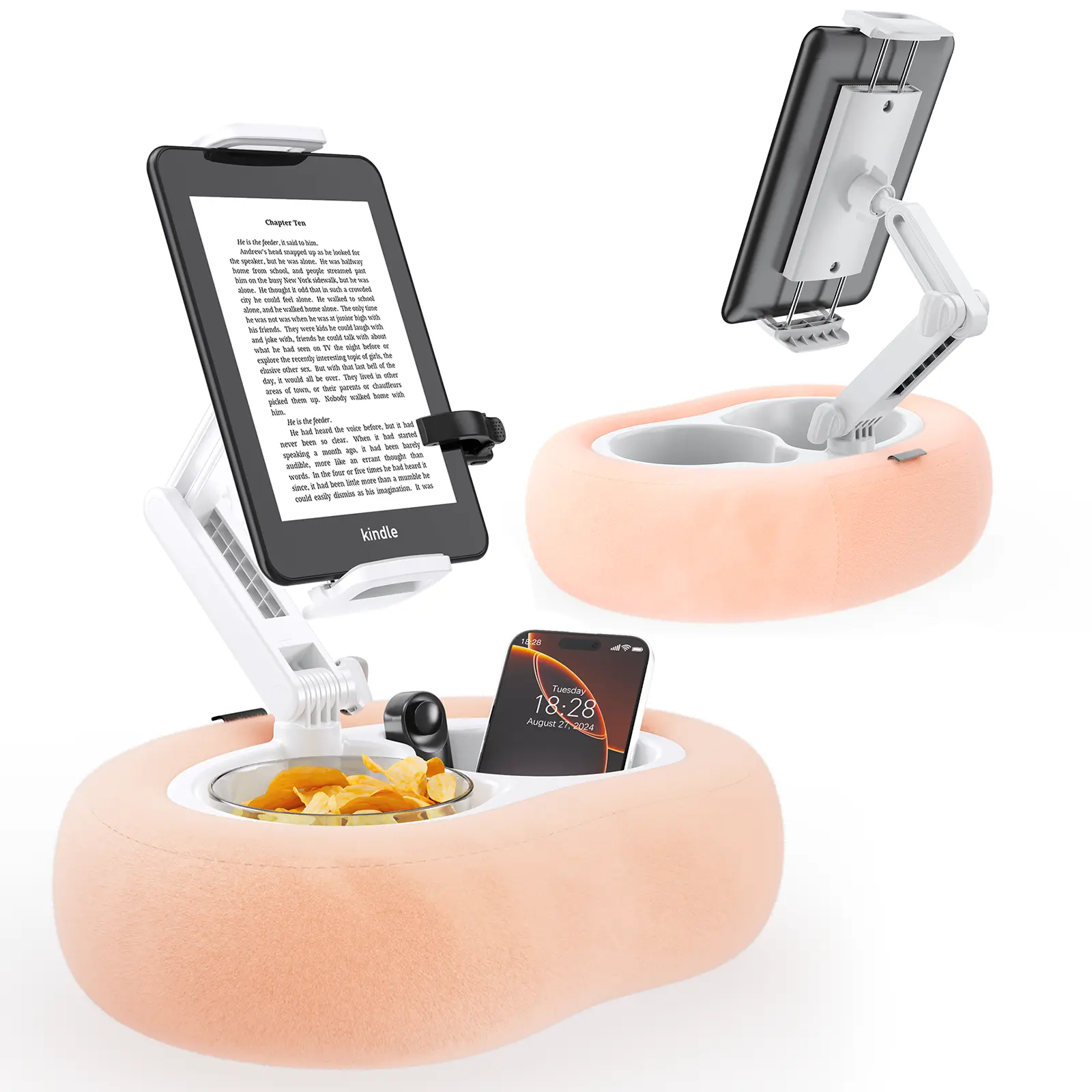 TRYONE Tablet Pillow Stand for Lap - Adjustable Mount with Detachable Snack Bowl, 360° Rotation Clip for 4.7-13" Phones, Kindles & Other Devices, Hands-Free Reading Accessory with Resistance for Bed, Couch (Valentine's Day Gift Option)