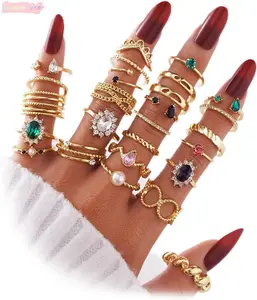 Women's Boho Gold Rings Stackable Set, Assorted Vintage Crystals and Pearls Knuckle Midi Rings for Versatile Styling