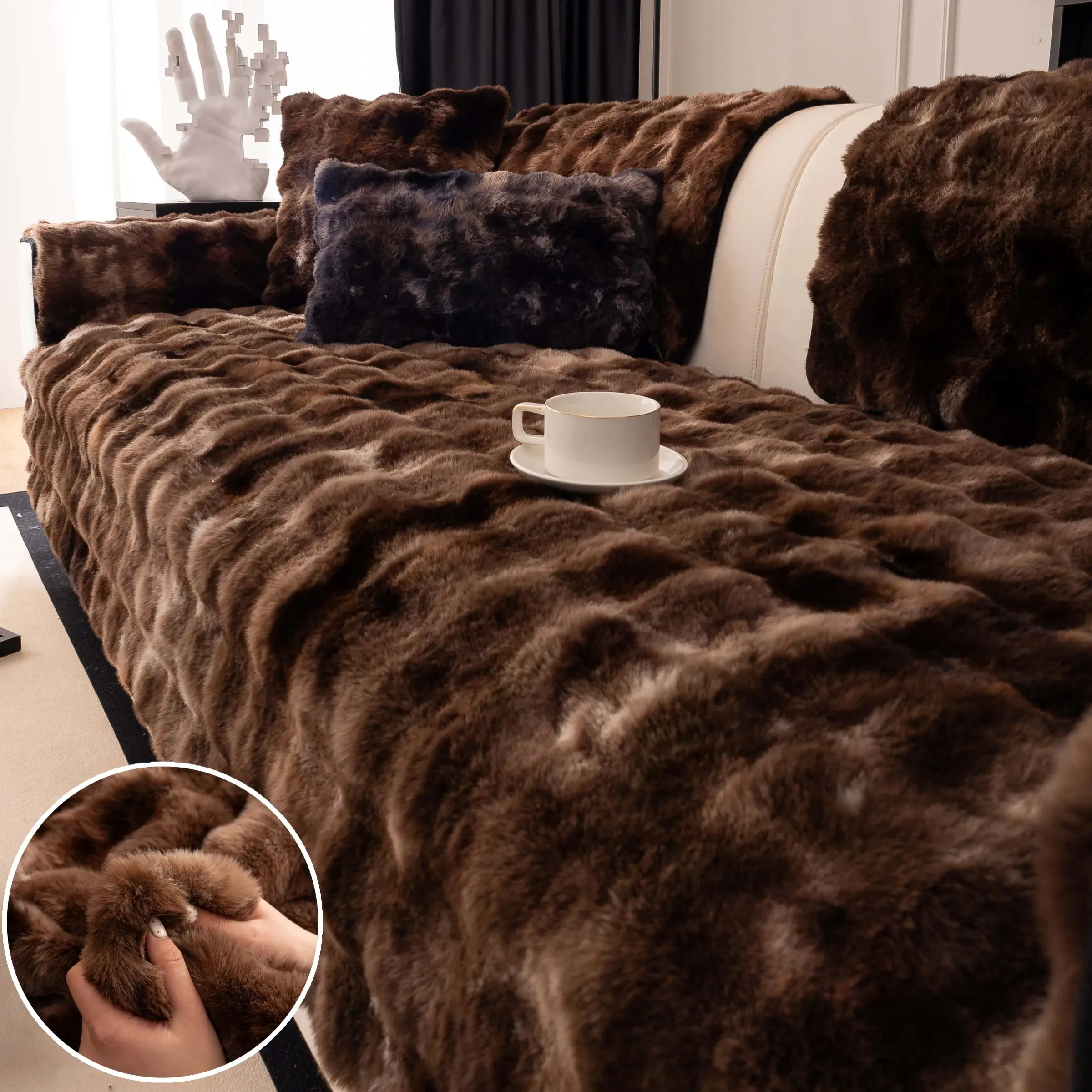 1Pc Luxury Faux Fur Sofa Cover – Fluffy Non-Slip Couch Cover, Thick Warm Washable Sofa Protector,, Pet-Friendly for Dogs & Cats, Coffee Brown, Fits Armchair/Loveseat/3-Seater/Sectional, Living Room Decor