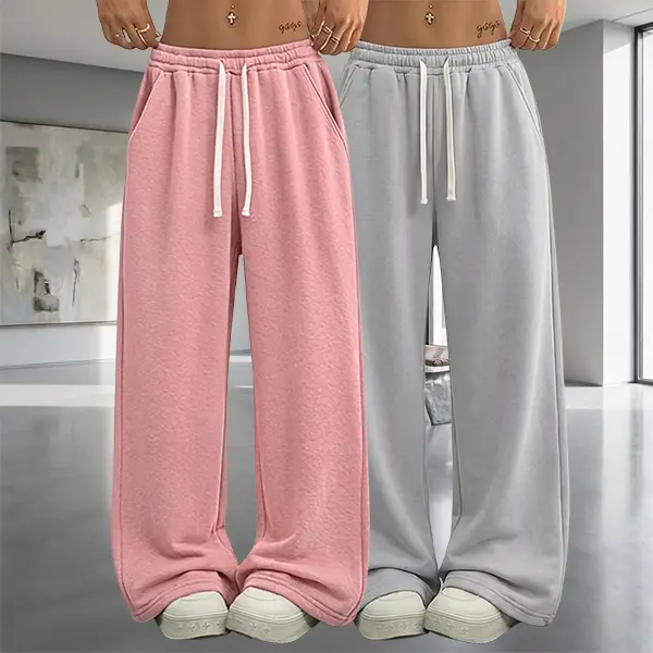Pack of 2 — Women’s loose regular-fit solid-color drawstring sweatpants with a wide waistband, polyester fabric, casual spring/autumn style, pocket design, suitable for everyday wear, unisex style, plus sizes available.