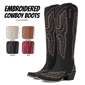 Womens Cowboy Boots Knee High Boot  Pointed Toe Chunky Block Heel Side Zipper Embroidered Comfy Wide Calf Easy Pull On  Classic Western Retro Party Country Wedding Festival Riding Work Tall Trendy Boots