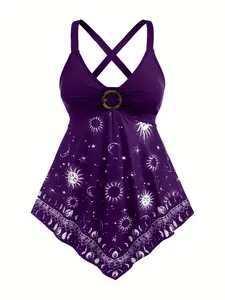 【Plus Size】 Sun & Moon Print Tank Top, Casual Style Sleeveless Top for Summer, Women's Plus Clothing for Daily Wear