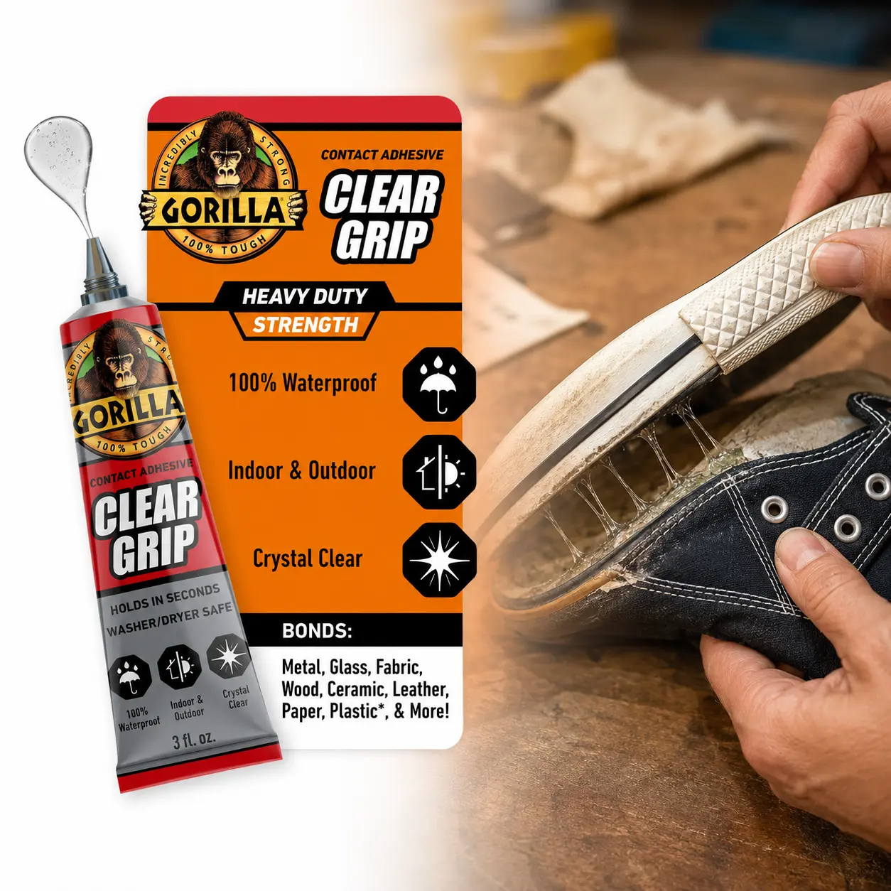 Gorilla 3 oz Clear Grip Contact Adhesive,clear glue,flexible bond,fast setting,permanent bond,waterproof,indoor outdoor,holds in seconds,paintable,sandable,no-run formula,fabric repairs,shoe repairs,metal,glass,wood,ceramic,leather,paper,plastic,crafts