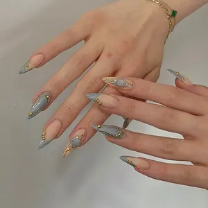 Healthy Wearable Nail Tips, Long Pointed Shape, Metal Lines, Reusable Press-On Nails, Perfect for Parties and Travel