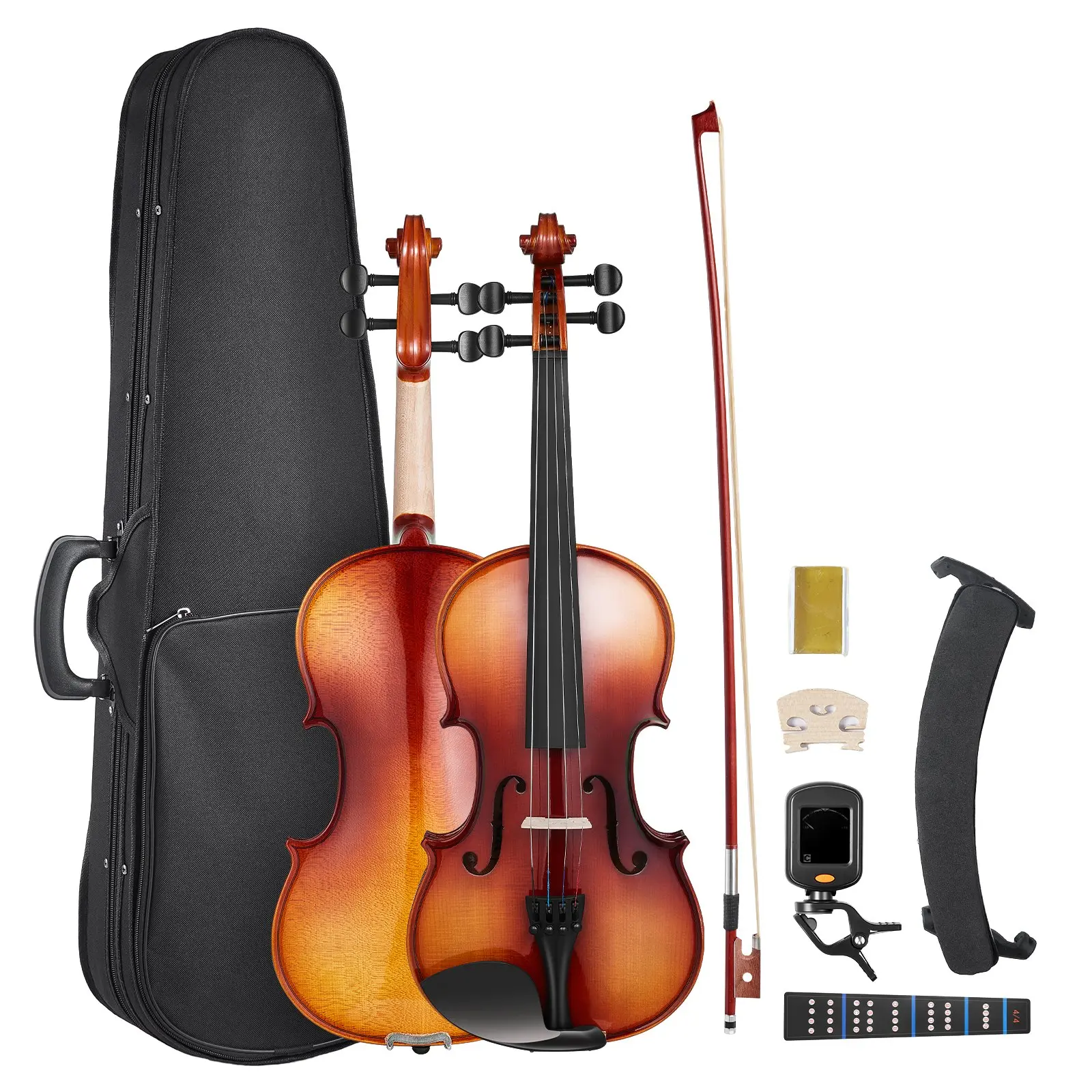 【Summerfinds】VEVOR Full Size 4/4 (355mm) Solid Wood Maple Violin Full Set for Beginners & Adults, 3.42lbs (1.55kg) Glossy Brown Gloss Varnish Fiddle with Tuner Built-In, Hard Case, Rosin, Bow, Shoulder Rest, Bridge, Extra Strings, Sticker (23.62x8.27x3.35