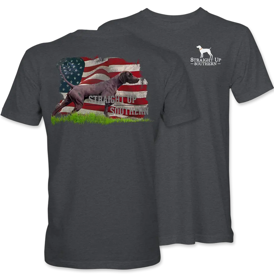 THE POINT Menswear Short-Sleeve Casual Top, German Shorthaired Pointer Print T-Shirt with American Flag Background, Shortsleeve, Tshirt