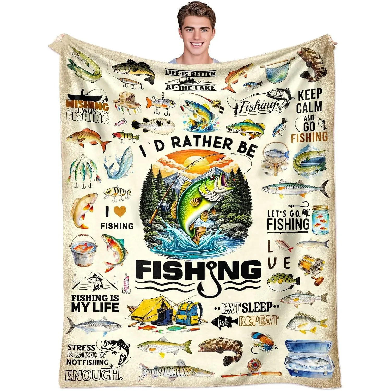 Soft Flannel Fishing Throw Blanket - Classic, All Seasons, Funny Fish Design, Machine Washable, Fun Accessory Gift for Fishermen