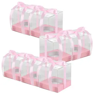 Mini Cake Boxes 3.54x3.54x3.54 inch Clear Plastic Stackable Cupcake Boxes for Cupcakes Muffins Party Favors（Red/Pink）