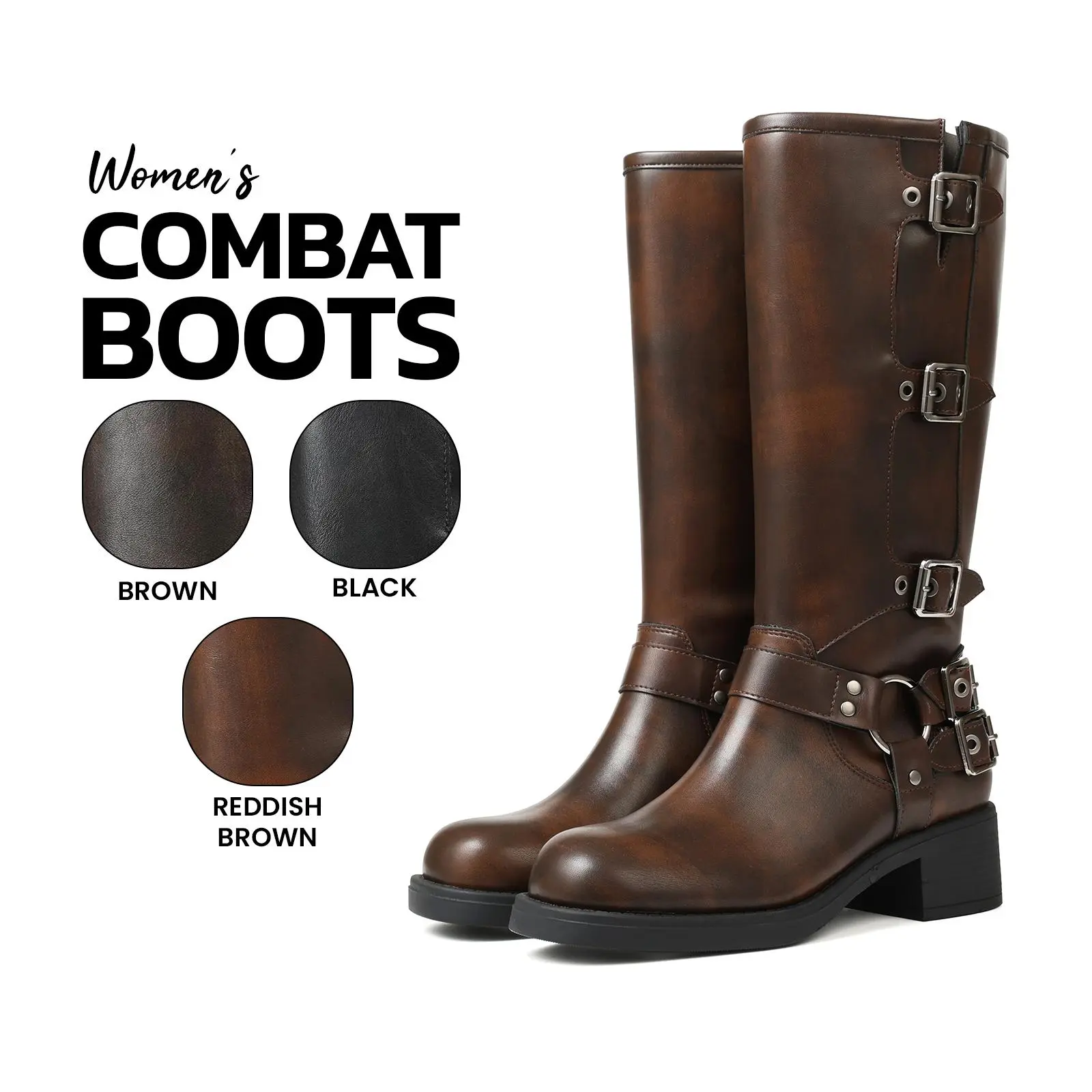 Combat Boots For Women Round Toe Metal Buckle Chunky Block Heel Pull On Western Cowboy Cowgirl Boots Retro Party Punk Rave Rocky Concert Festival Motorcycle Booties Summerwins