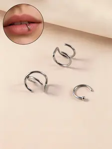 Silver Stainless Steel Nose Lip Rings Set, Open Hoop Piercing Jewelry, Minimalist Ear Nose Lip Cuff Rings for Women Men
