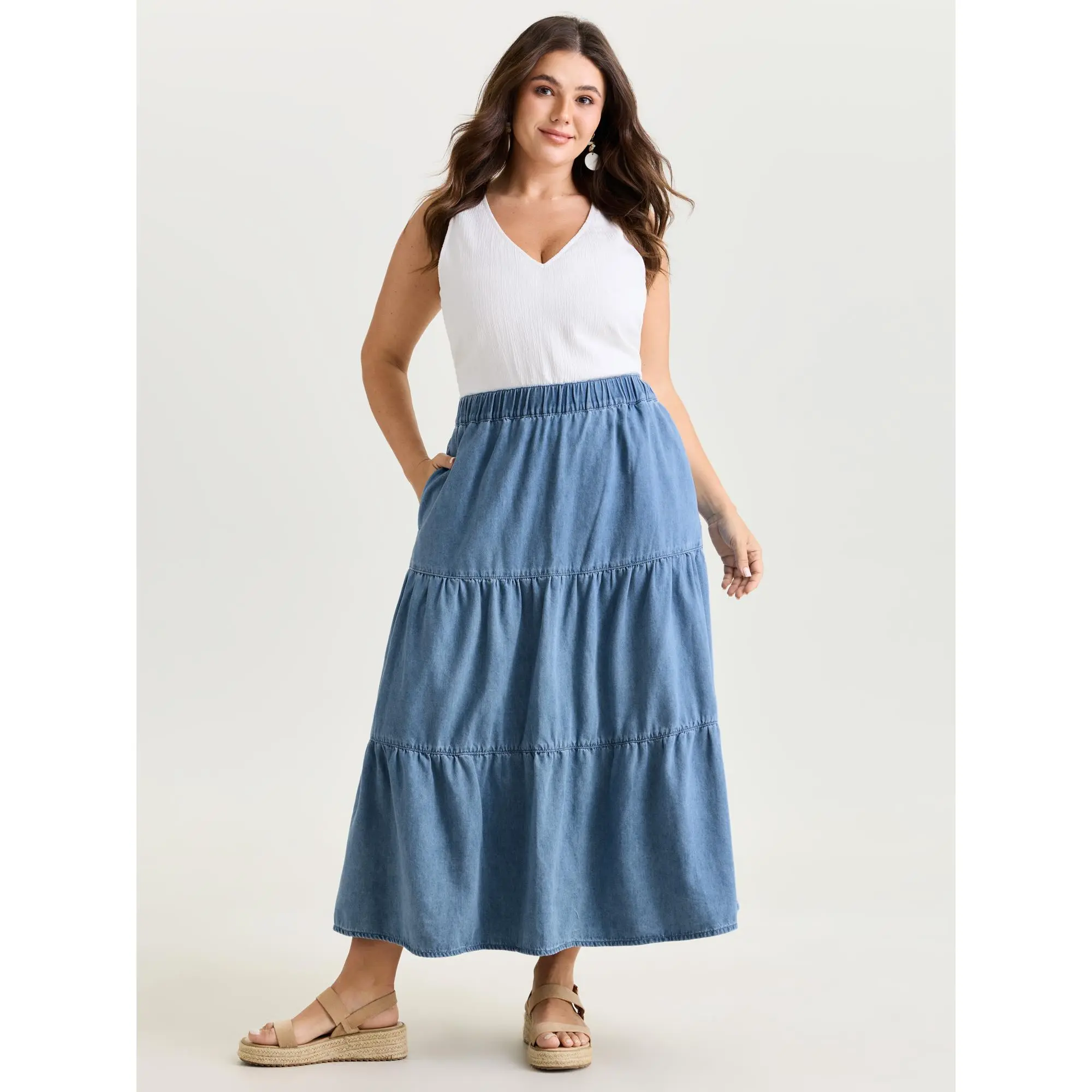 BLOOMCHIC Women's Plus Size Supersoft Tiered Maxi Denim Skirt - Fitted, Basic Cotton-Polyester Clothes with Pocket, Sizes M-6X for  Deals,Summerfinds