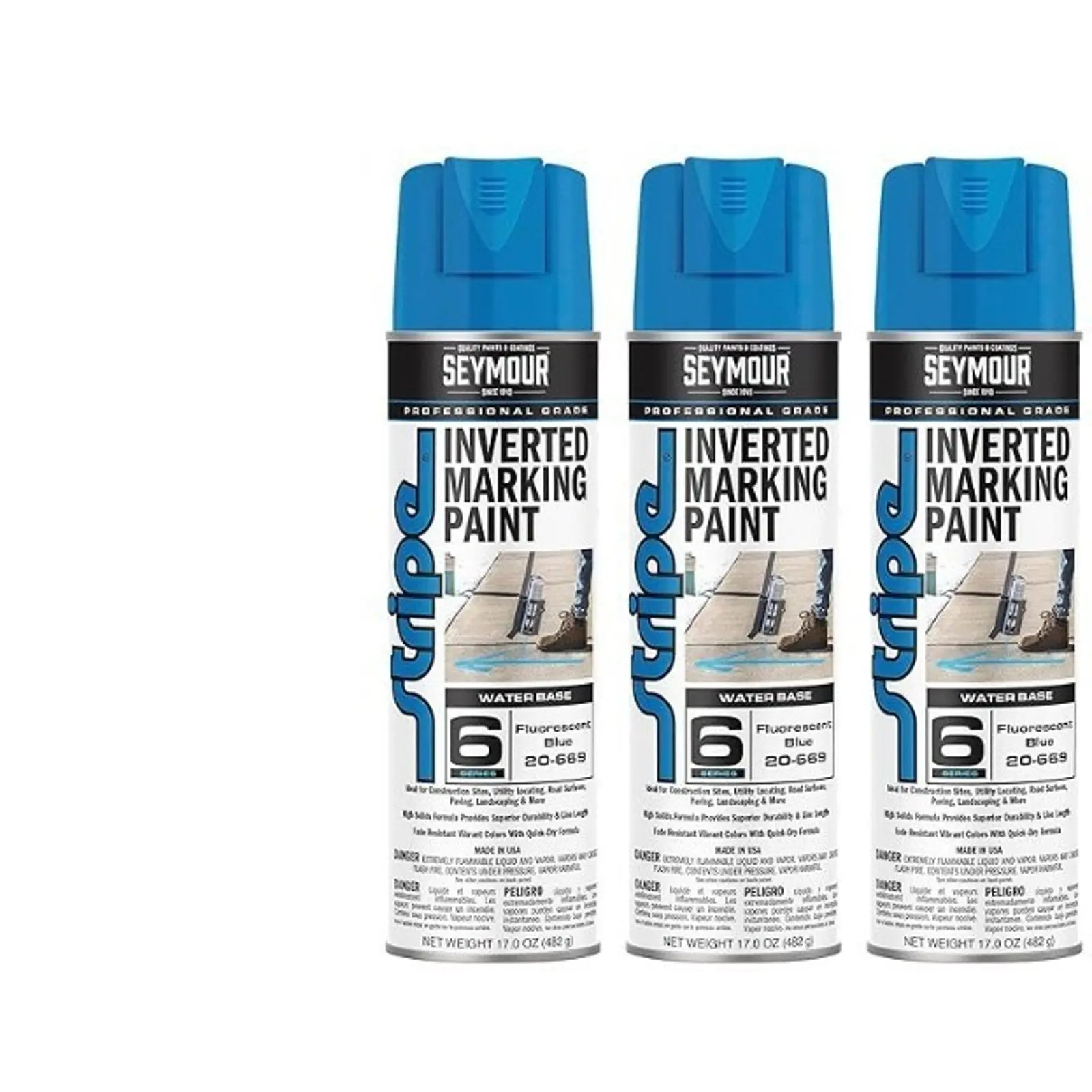 (3-Pack) Seymour 20-669 Stripe Inverted Tip Permanent Marker, Blue Fluorescent Marking Paint, Fast-Drying High-Solids Resins, Non-Clogging, VOC Compliant, Safe on Grass, Tear Away Spray-Thru Cap, Vivid Lines, Ideal for Marketing & Construction Use