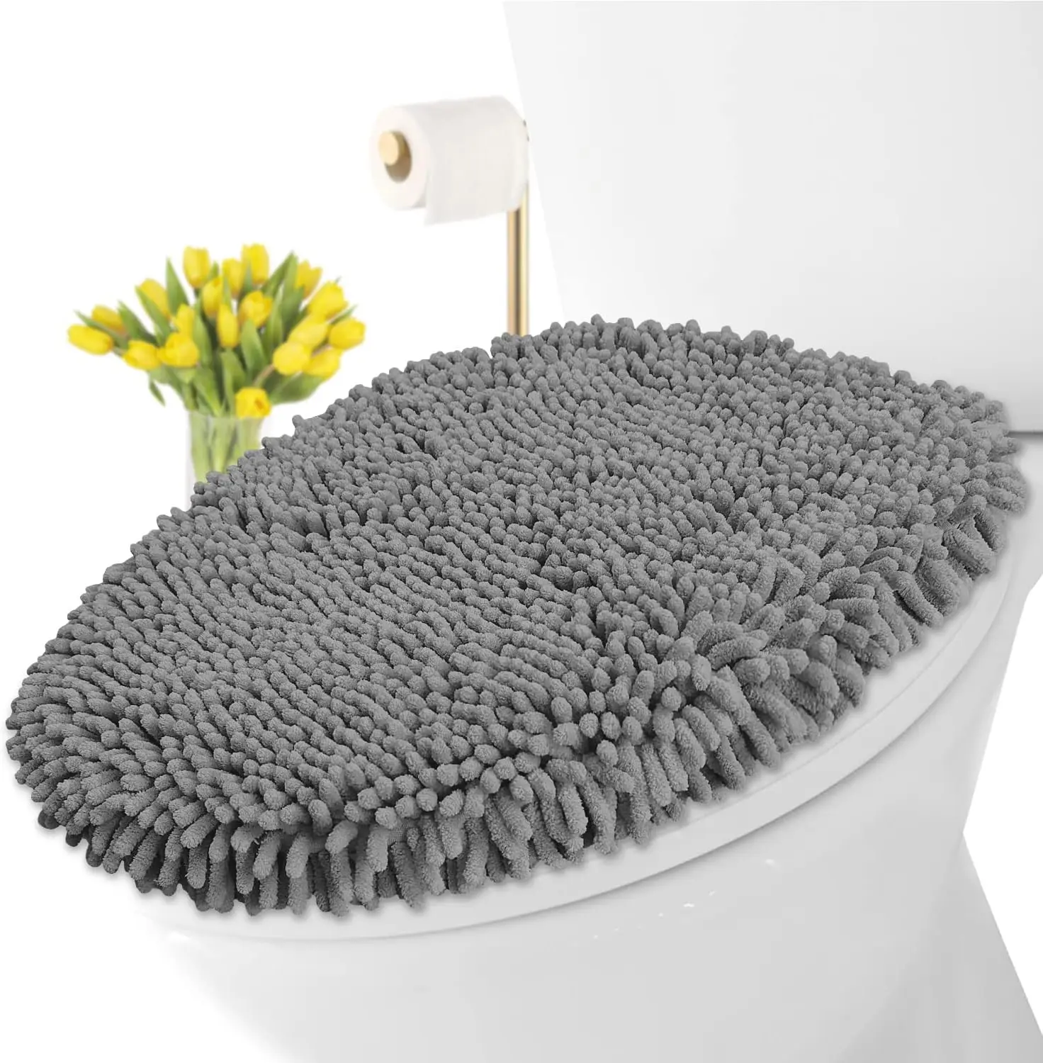 [New Deal] Chenille Soft Toilet Lid Cover 18"L x 18"S Machine Washable Microfiber with Rubber Backing and Elongated Oblong Lids Home Goods Bathroom Accessory, Toilet Seat Cover