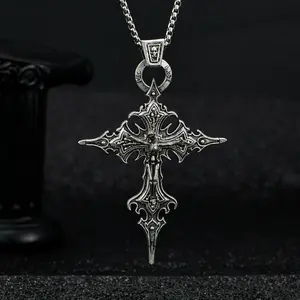 Vintage Stainless Steel Cross Pendant Necklace Personality Retro Gothic Cross Skull Pendant Necklace European and American Fashion Exaggerated Jewelry