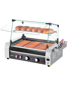 VEVOR Hot Dog Roller,  18 Hot Dog 7 Rollers, Stainless Steel Sausage Grill Cooker, 1050W Commercial Hot Dog Machine with Dual Temp Control, Cover, Side Storage Box, Removable Shelf & Oil Drip Tray