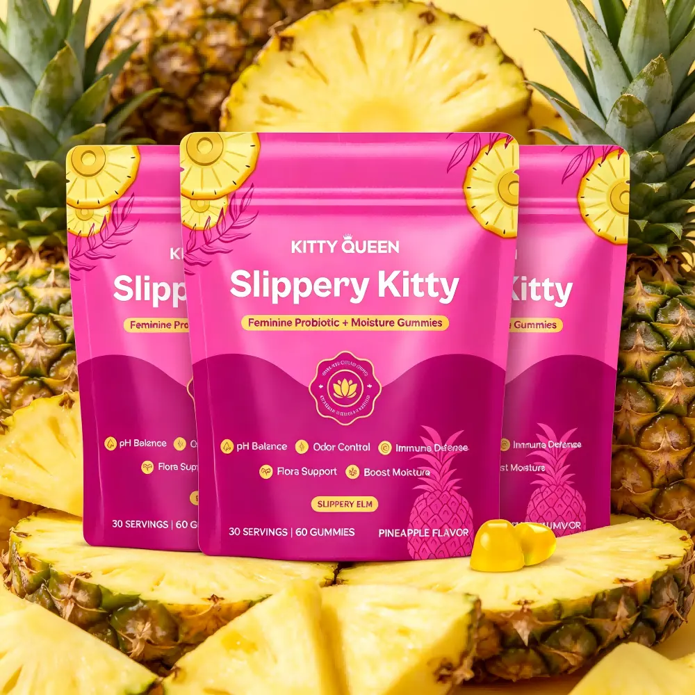 Her Juicy Natural All-in-One Daily Women Vitamin Gummies, Pineapple Flavor Probiotics Slippery Elm Prebiotics for Vaginal Comfort & Gut Balance 60 Gummies