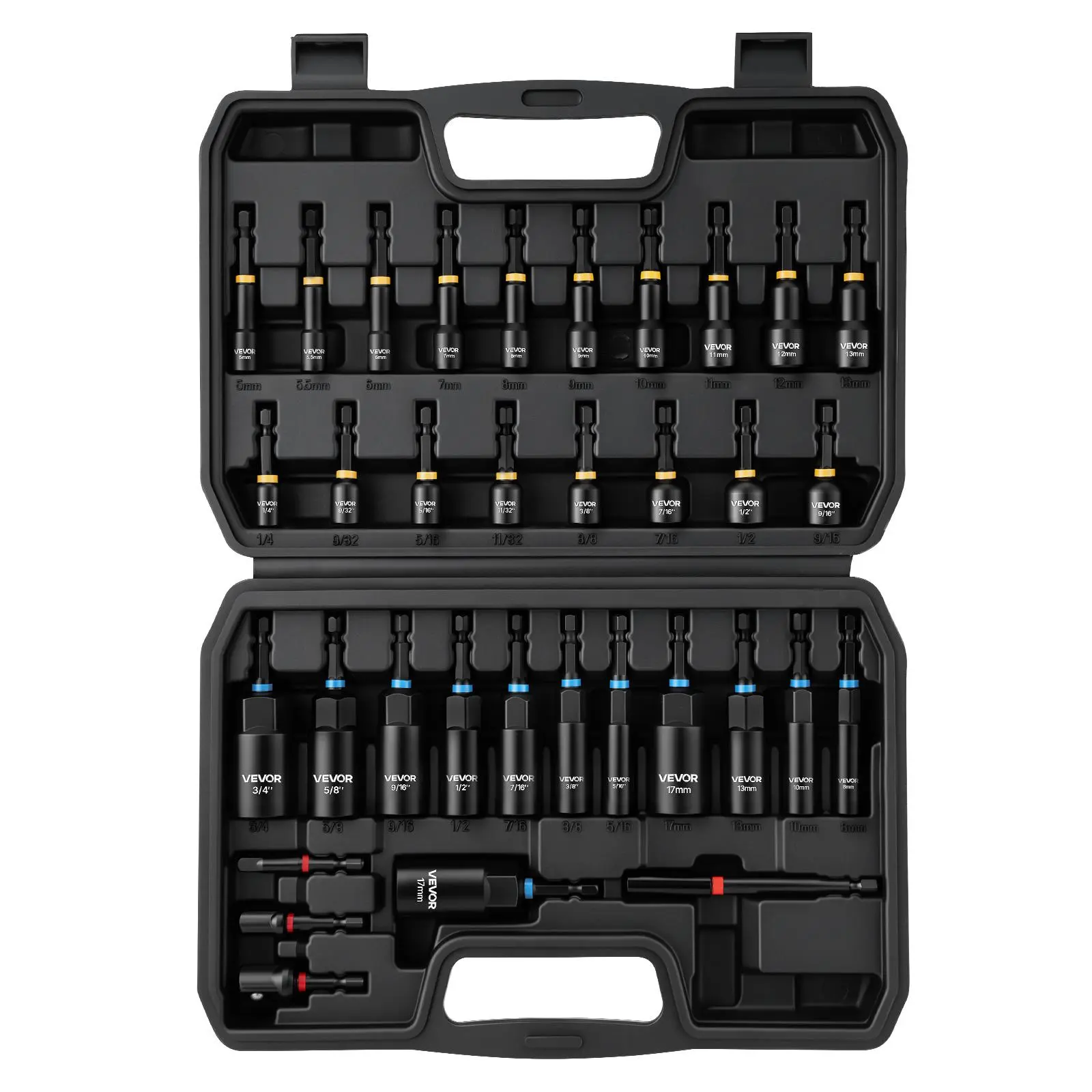 VEVOR Master Magnetic Impact Nut Driver Set 34-Piece, Metric & SAE Sizes, with Nut Setter, Quick Release Extension, Wing Nut Driver, Storage Box, Versatile for Automotive, Machinery, and DIY Tasks