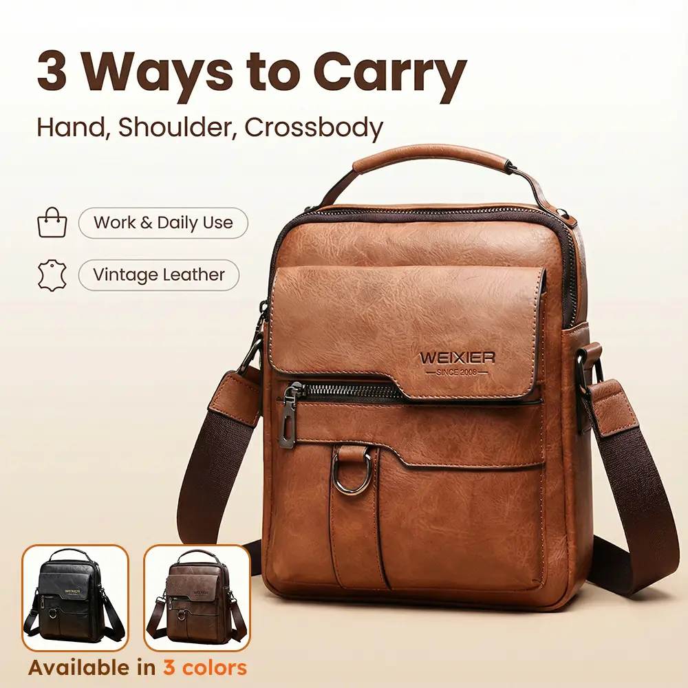 WEIXIER Men's PU Leather Crossbody Bag - Retro Street Style, Large Capacity Work Bag with Adjustable Strap, Ideal for Men's Accessories, Father's Day Gifts, Mens Gifts, Work Bags