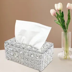 Decorative Rectangular Crystal Tissue Box Cover, Luxury Silver Facial Tissue Paper Organizer, 8.1"x4.7"x3.7"