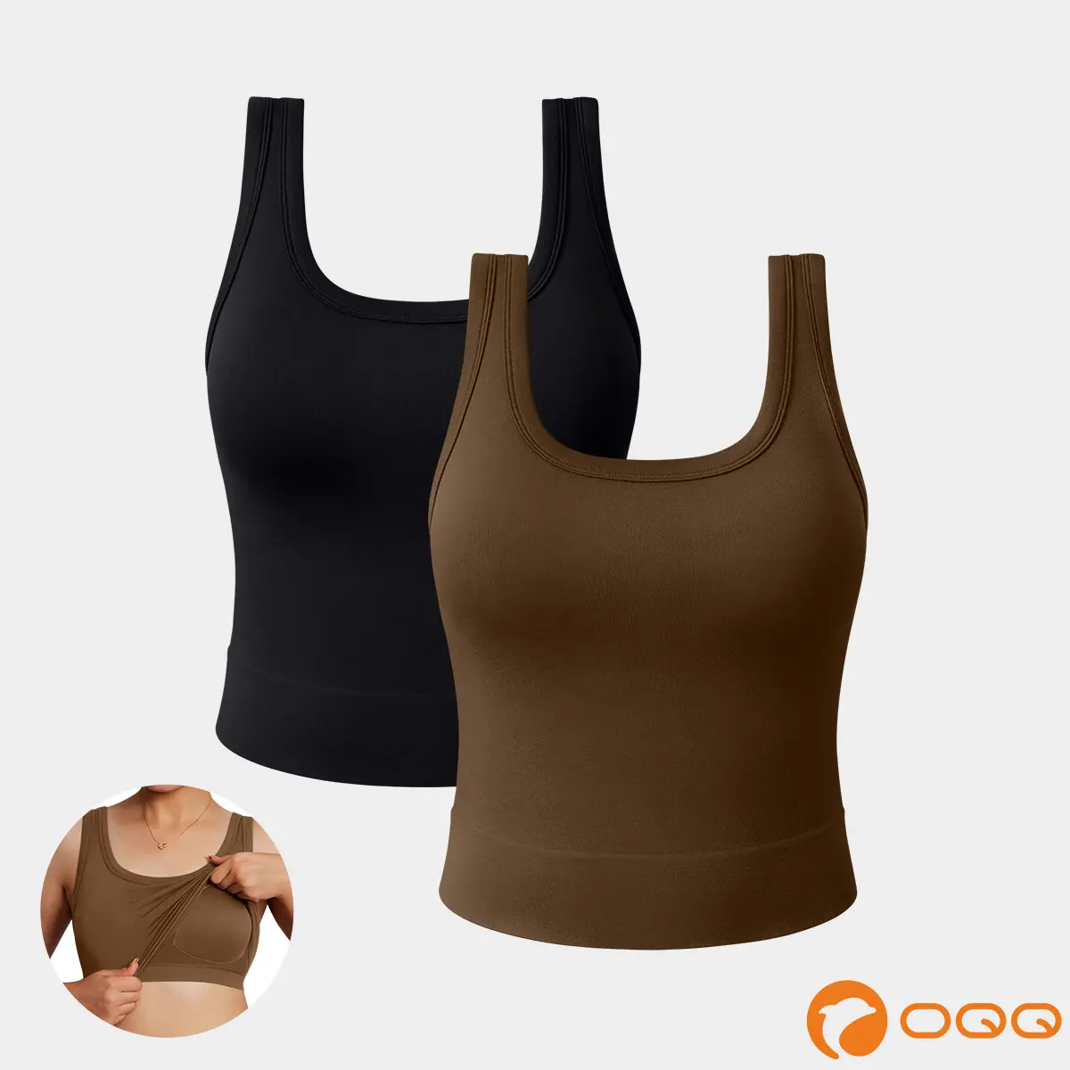OQQ Women's Seamless Ribbed Square Neck Tank Top  With Padded Casual Basic Tops For Layering And Everyday Wear