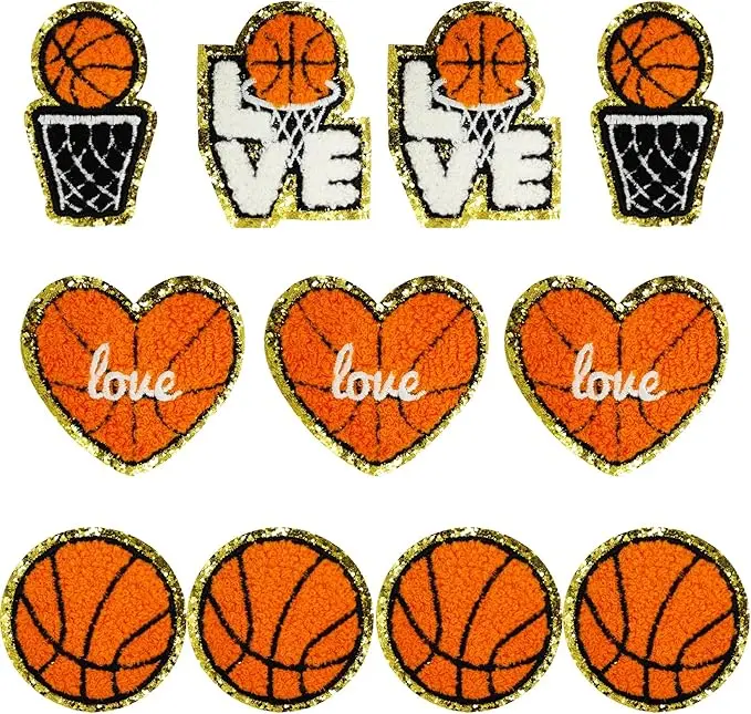 Basketball Entusiasts Iron On/Sew On Chenille Embroidered Applique Patches with Gold Edges for Clothes Jeans etc. DIY Accessories (Basketball)