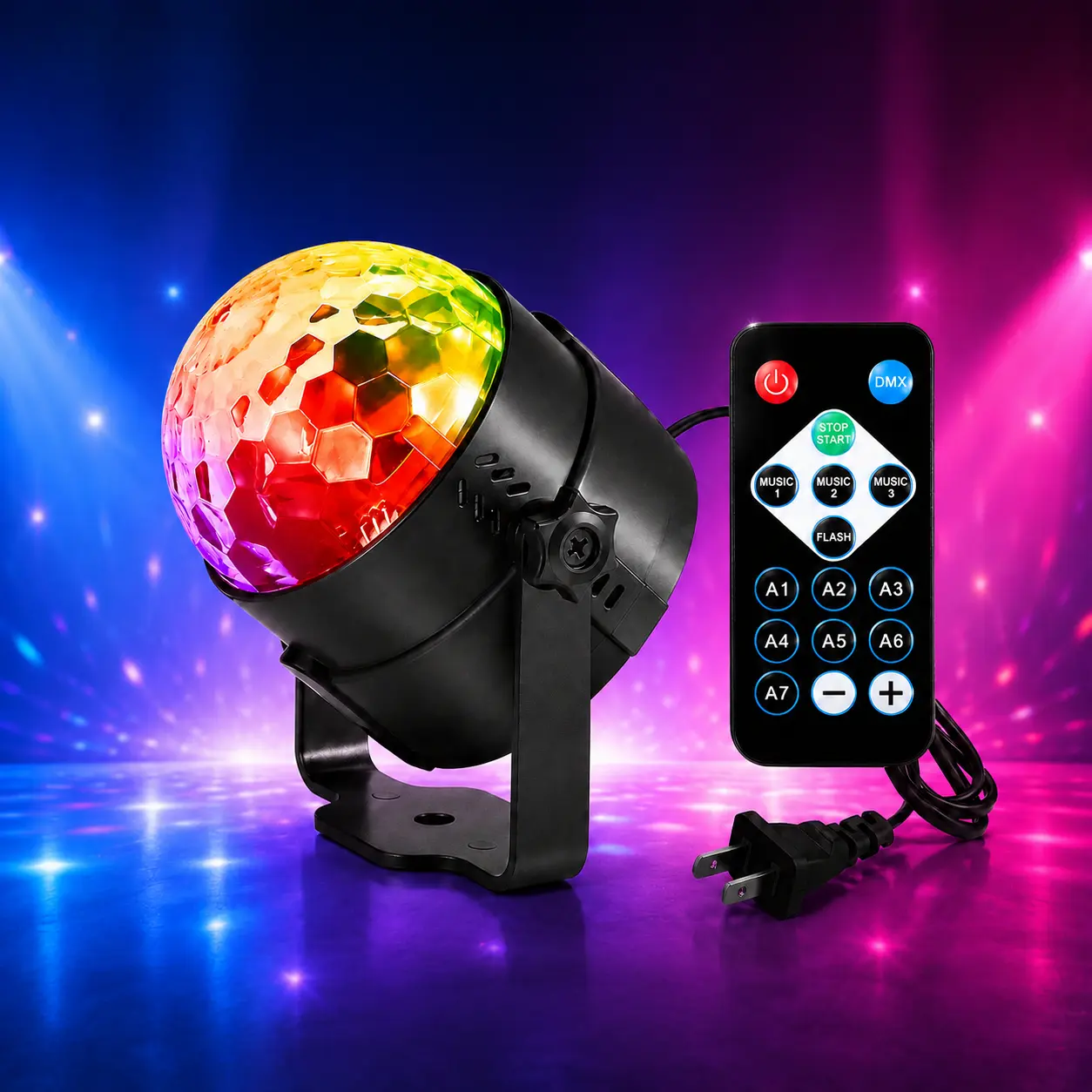 LED Disco Ball Party Light with Remote Control, Sound Activated RGB Rotating Stage Light, 7 Color Modes, Plug-in DJ Light for Home, Bedroom, Karaoke, KTV, Bar, Birthday Parties, Holidays and Celebrations，Halloween Party