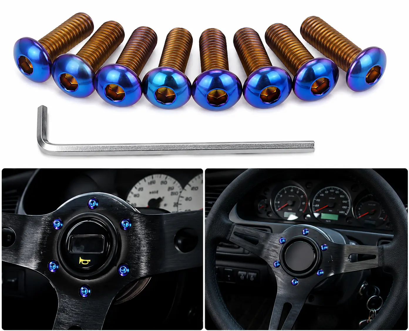 M5x0.8 Neo Chrome Burnt Blue Titanium Hex Socket Steering Wheel Bolts - Universal JDM Car Interior Decoration for Racing Steering Wheels, Quick Release Kits#SteeringWheelBolts #TitaniumBolt #BurntBlueBolts #JDMStyle #JDMAccessories #CarInteriorMods