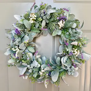 Classic Faux Eucalyptus Lavender Flower Wreath - Decorative Berries, Small White Blooms, Year-Round Green Leaves, Christmas Farmhouse Door Ornament, Home Ornament, Room Decoration summerwins