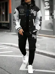 Men's Streetwear Tracksuit 2 Piece Outfits Color Block Letter Graphic Long Sleeve Varsity Jacket and Pants Set, Comfortable And Warm Bomber Jackets, Mens Clothes for Fall Outfits & Winter Outfits