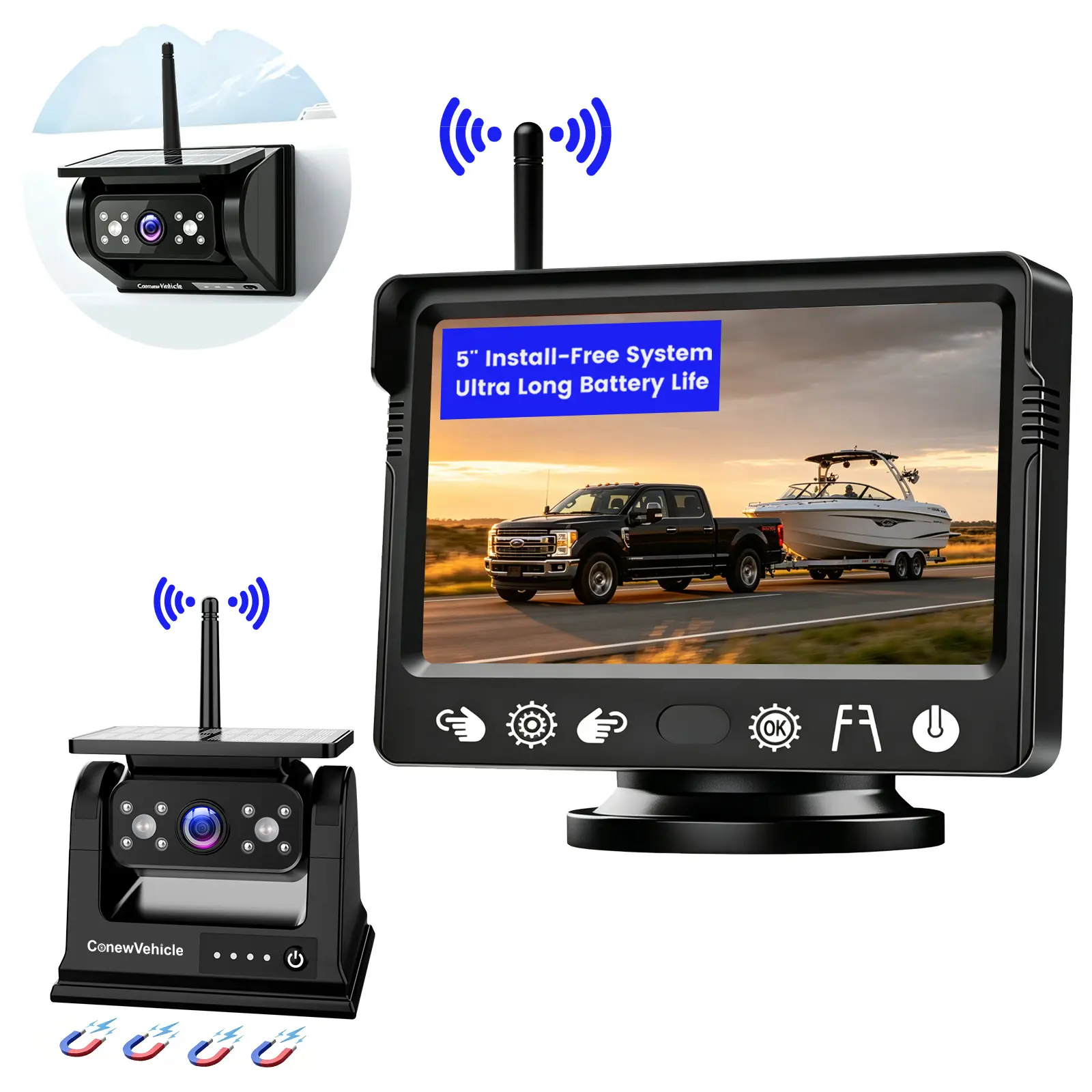 ConewVehicle Magnetic Solar Wireless Backup Camera: HD 1080P 5" Touch button Monitor, 1-Min Install-Free IR Night Vision Waterproof Rear View Camera for Trailer/Truck/Small RV/Camper/Tractor