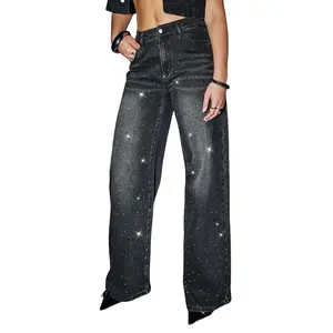 Retro Sexy Slim Fit Washed Rhinestone Embellished Wide Leg Jeans Glittersparkle Jeansrhinestone Jeans Black Festival Party Bottoms Print Zipper Fly Extra Long Length Loose Fit Baggy Style Low Waist Denim Pants