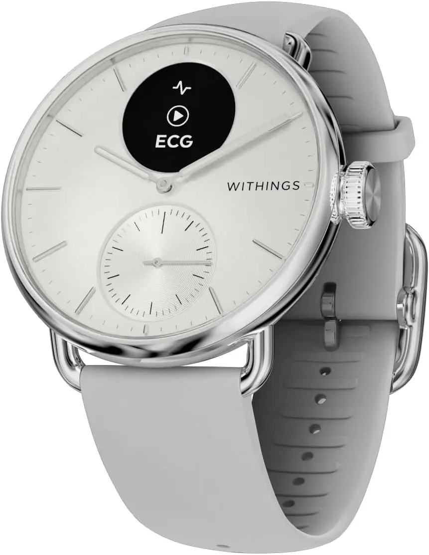 WITHINGS ScanWatch 2 - Hybrid Smart Watch, Heart Rate Monitoring, Fitness Tracker, Cycle Tracker, Sleep Monitoring, GPS Tracker, 30-Day Battery Life, Android & Apple Compatible, HSA/FSA, White & Silver, 38mm