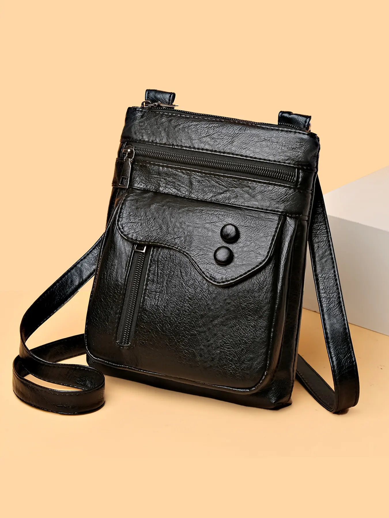 Niche design retro waxed leather shoulder messenger bag, multi-pocket design, Multifunctional crossbody bag, black simple business style, practical small shoulder bag for daily commuting, Casual Crossbody Bags, Zippered Sling Bag