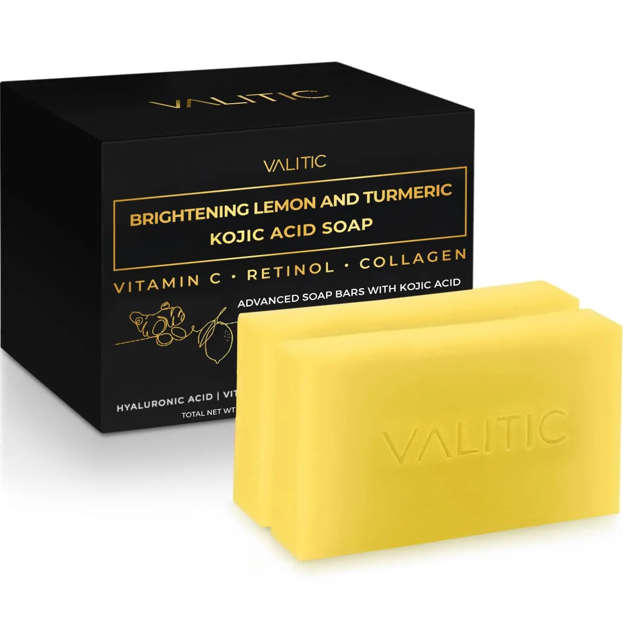VALITIC Brightening Lemon & Turmeric Kojic Acid Soap with Vitamin C, Retinol, Collagen - Original Japanese Complex Infused with Hyaluronic Acid, Vitamin E, Shea Butter - Dark Spot Corrector (2 Pack)