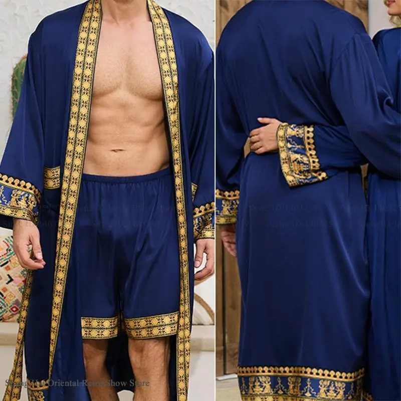 New Men Robe Kimono Bathrobe Gown Baroque Style Satin Sleepwear Loose Casual Loungewear Nightwear Fathersdaygift Menswear Embroidered Fabrics Traditional Belt Classic Flannel Matching Soft Pockets Long Sleeve Suit Straight