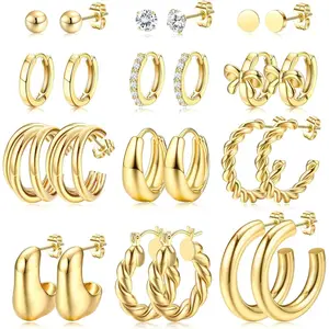YADOCA 12Pairs Chunky Hoop Earrings Set for Women Trendy Hypoallergenic 14K Plated Gold Stainless Surgical Steel Stud Huggie Earring Stacks Pack Jewelry for Sensitive Ears