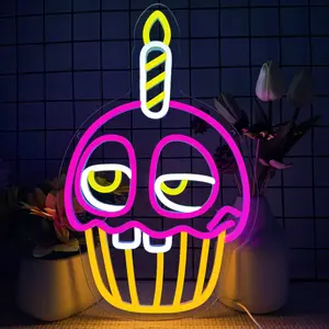 Five Nights at Freddy's Anime Cartoon Fnaf Cupcake Neon Signs for Wall Decor,USB Dimmable Game Neon Light for Man Cave Kids Room Bedroom Bar Birthday Gifts