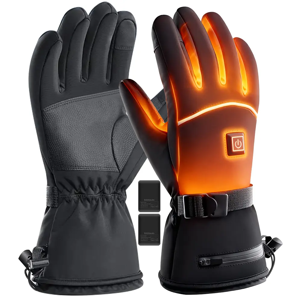 KINGTE Rechargeable Heated Gloves, Unisex Waterproof Nylon & PU Leather with 3 Heat Settings, 5000mAh Battery, Touchscreen Safe for Skiing & Biking