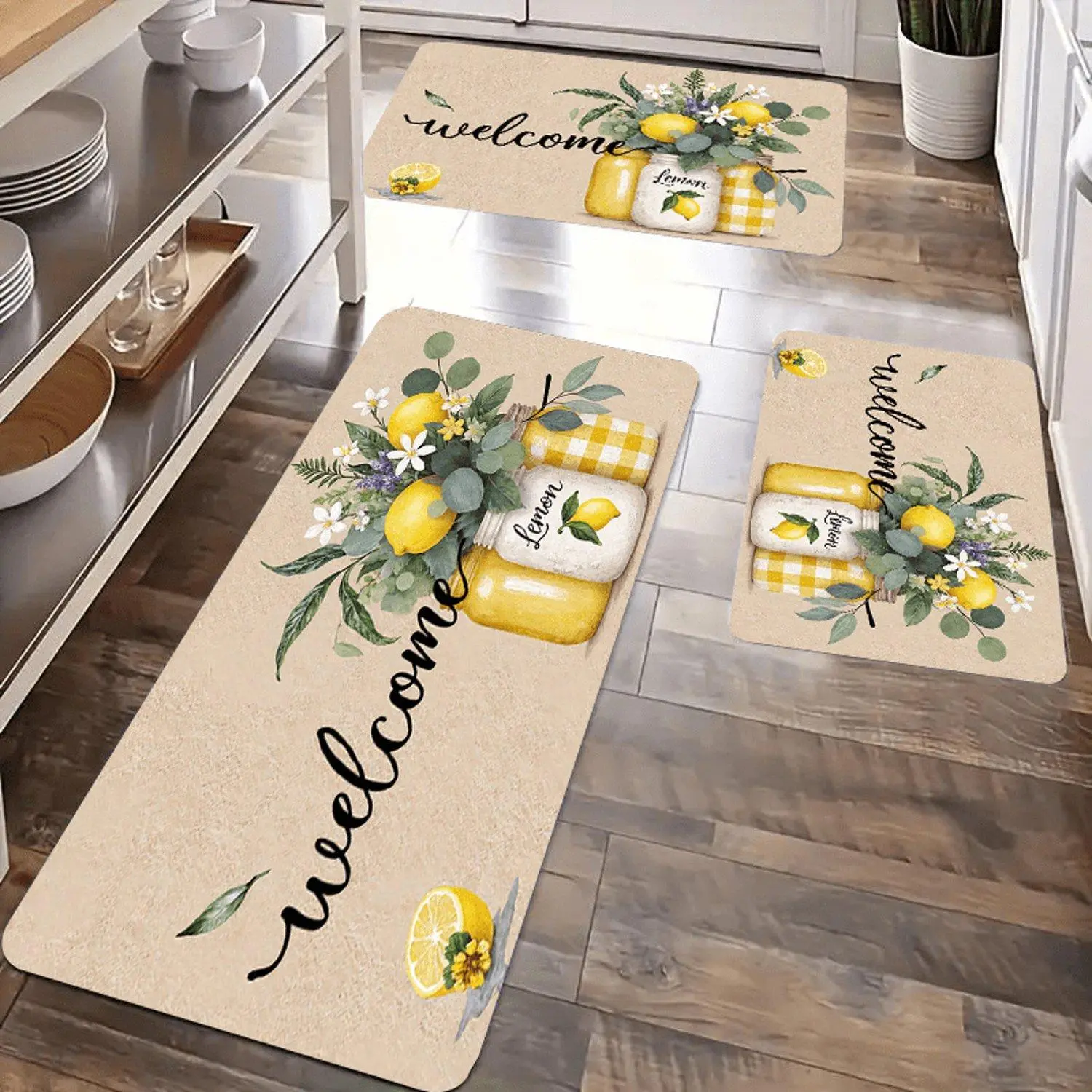 1pc Modern Lemon Flower Print Flannel Floor Mat Soft Lightweight Comfortable Festive Home Decor for Kitchen Doorway Bedroom and Laundry Room