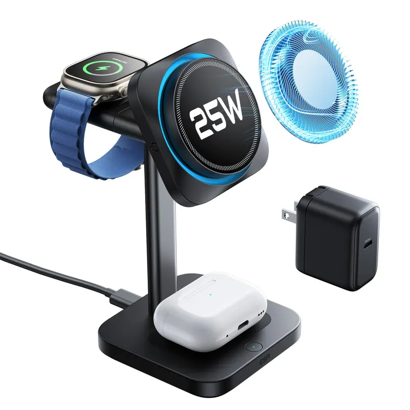 ESR for 3-in-1 Charging Station, Qi2.2 Certified 25W MagSafe Charger Stand with CryoBoost, Phone-Cooling Fast Charging Station, for iPhone 17/16/15/14/13/12, AirPods, Apple Watch