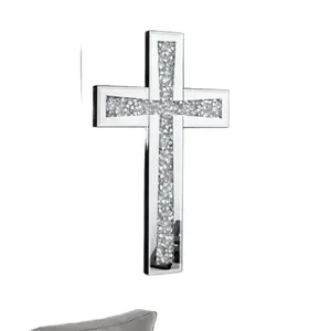 20×13 Inch Silver Alloy Cross Wall Mirror, Crystal Crush Diamond Ornaments, Frameless Stainless Steel & MDF Wood Religious Home Decor for Living Room, Bedroom