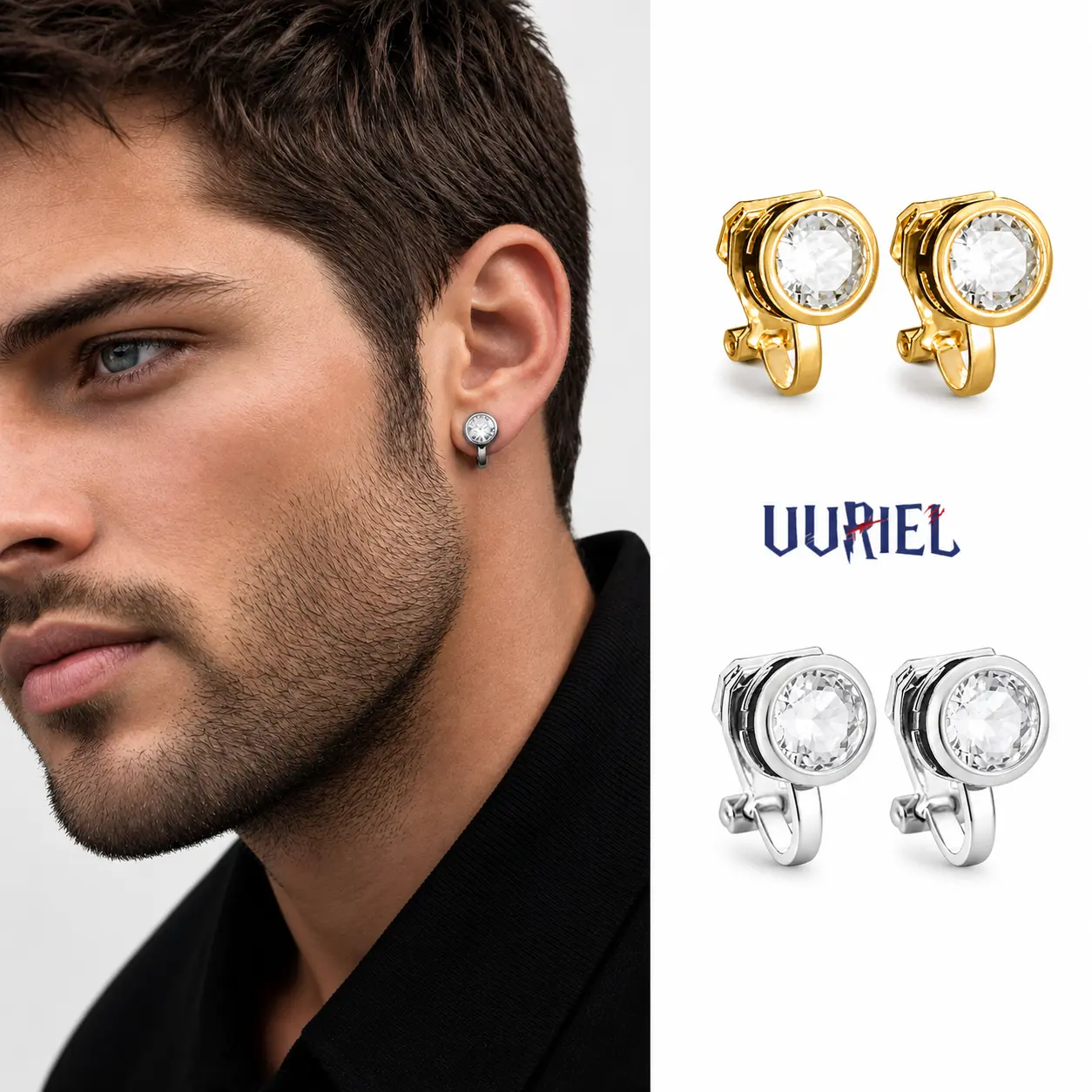 UURiel Clip On Stud Earrings for Women and Men, 7mm Round Cubic Zirconia No Piercing Earrings, Hypoallergenic Waterproof Stud Ear Clips, Non Pierced Earrings in Golden-Plated or Silver