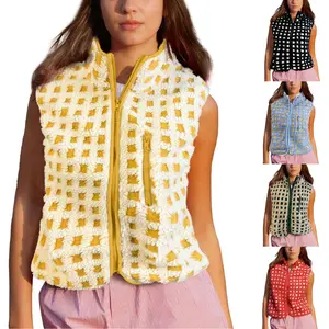 Kingapril Women's Checkered Sherpa Vest Sleeveless Fleece Jacket High Neck Zip Up Plaid Gilet with Chest Pocket Casual Autumn Fall Layering Tops Womenswear Spring