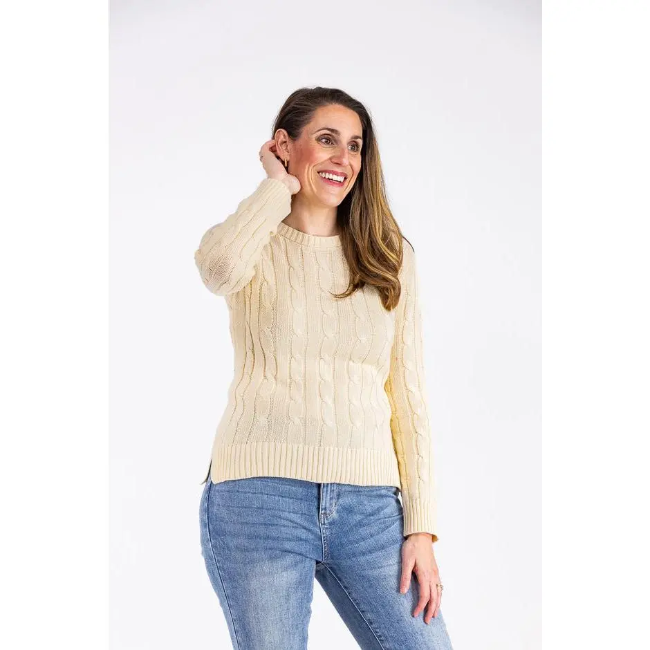 Women's Cable Crew Knitwear Top - Long Sleeves, Ribbed Design, Comfortable Fabric *Final Sale*, Tops, Cotton, Soft, Collared, Denim, Basic