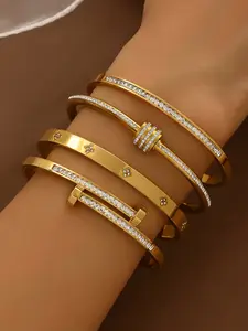 4-Piece Set Trendy Bracelets, Clover & Square Diamond Design, Elegant Stainless Steel Bangle, All-Seasons Fashion Jewelry