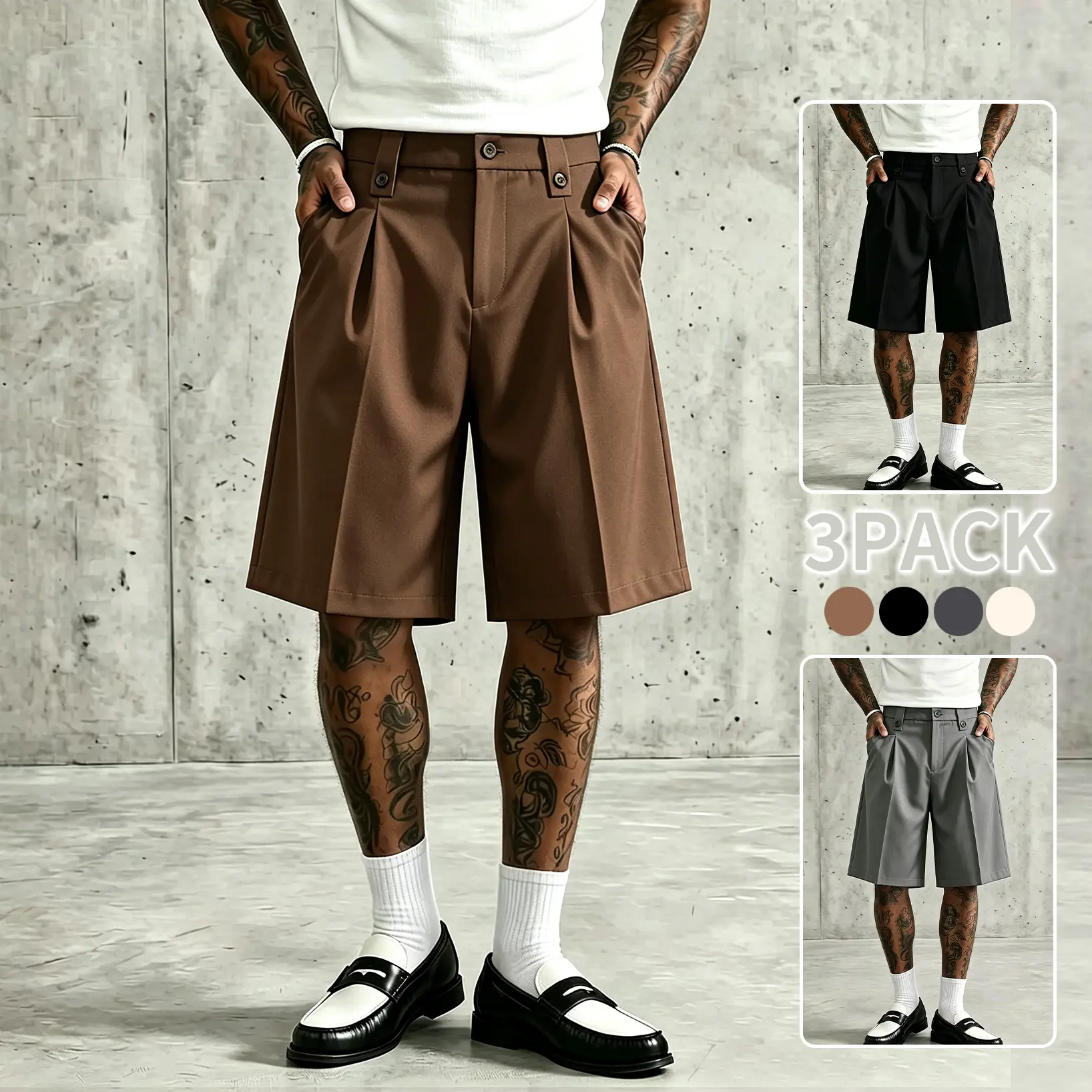 Quiet Luxury Old Money 3 Pack Men's Pleated Suit Shorts, Wrinkle Resistant Tailored Suit Fabric High Waist Knee Length, Double Front Pleats Zipper Button Fly Pockets, Preppy Golf Office Summer Smart Casual Bottoms