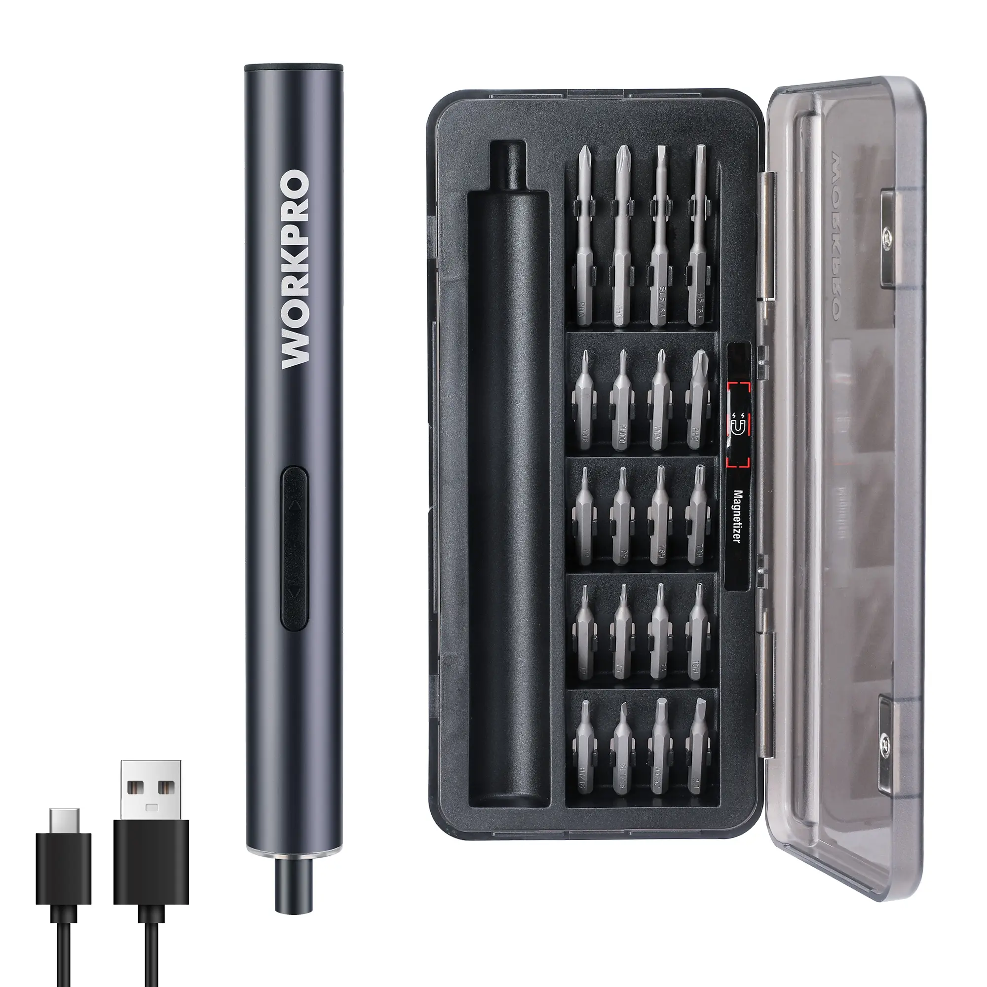 #backtoschool WORKPRO Mini Electric Screwdriver, 20 in 1 Electric Precision Screwdriver with Magnetizer and S2 Steel Bits, Max 4.0V Magnetic Rechargeable Cordless Screwdriver Kit for Phone, Camera, Laptop