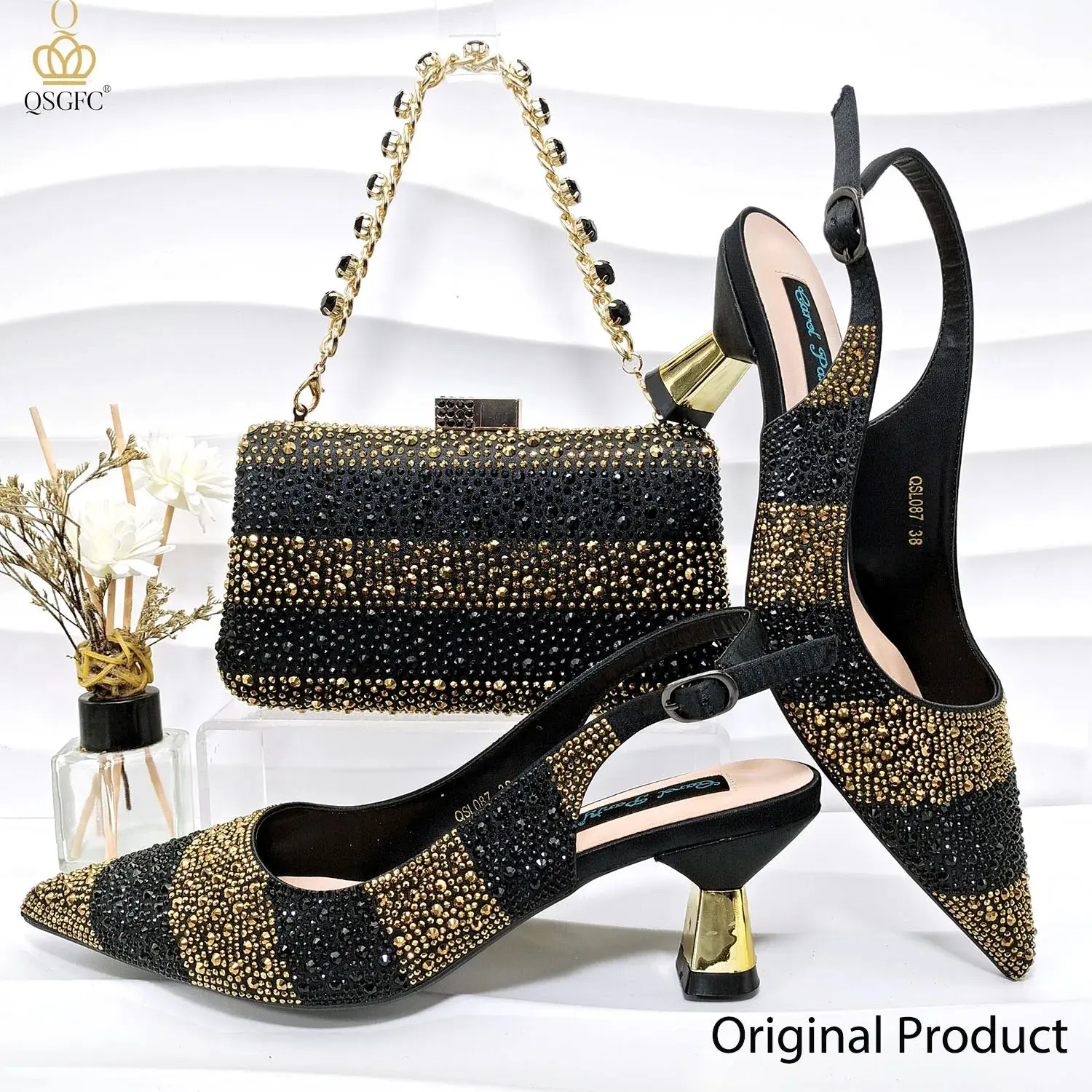 Embellished Heels & Black Gold Matching Bag Set – Crystal Pointed-Toe Slingback Pumps for Weddings & Parties