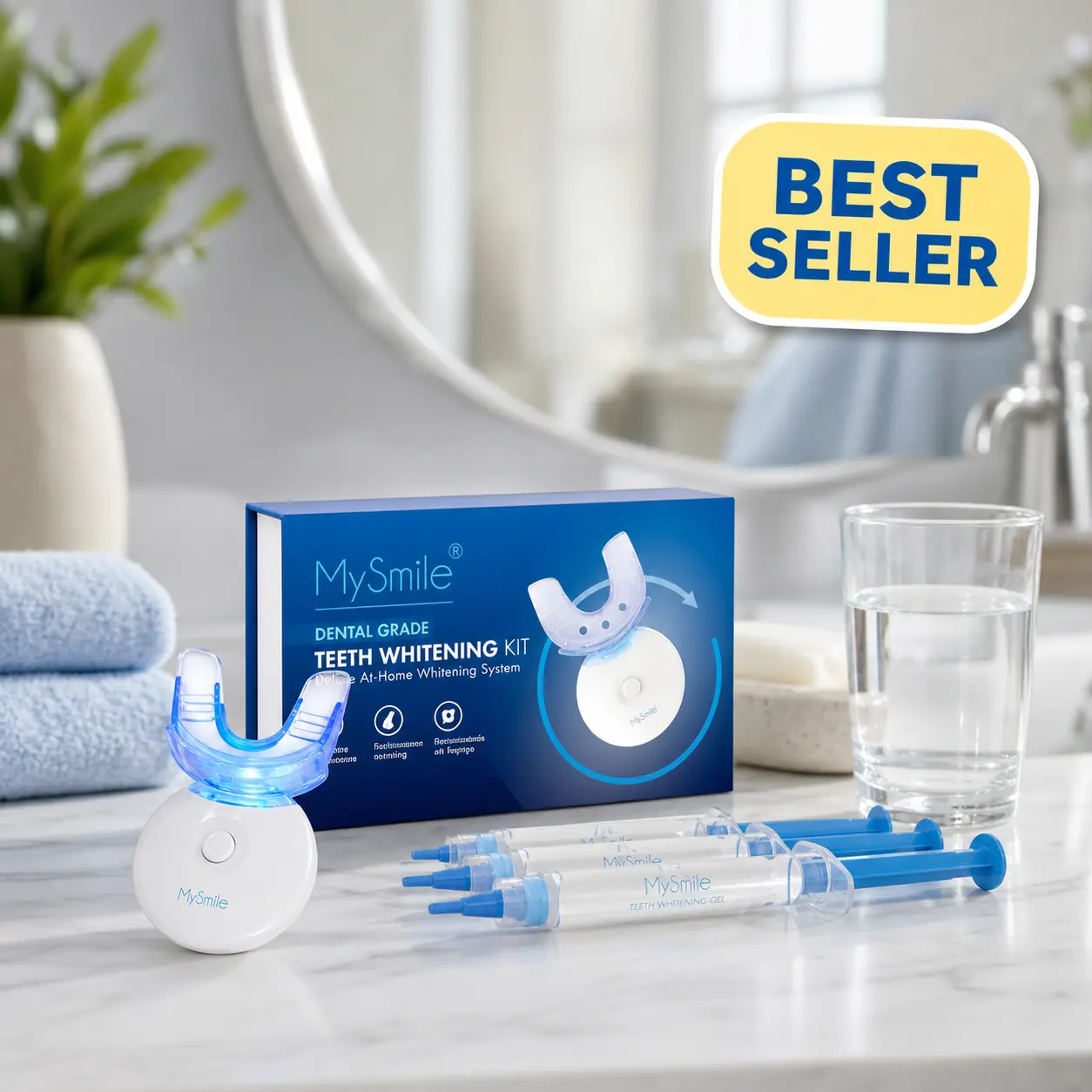 MySmile 10-Min Peroxide Oral Dental Kit - 5 Blue Light LED Mouthpiece, Sensitive Teeth Gel, Coffee & Wine Stain Removal Single Item