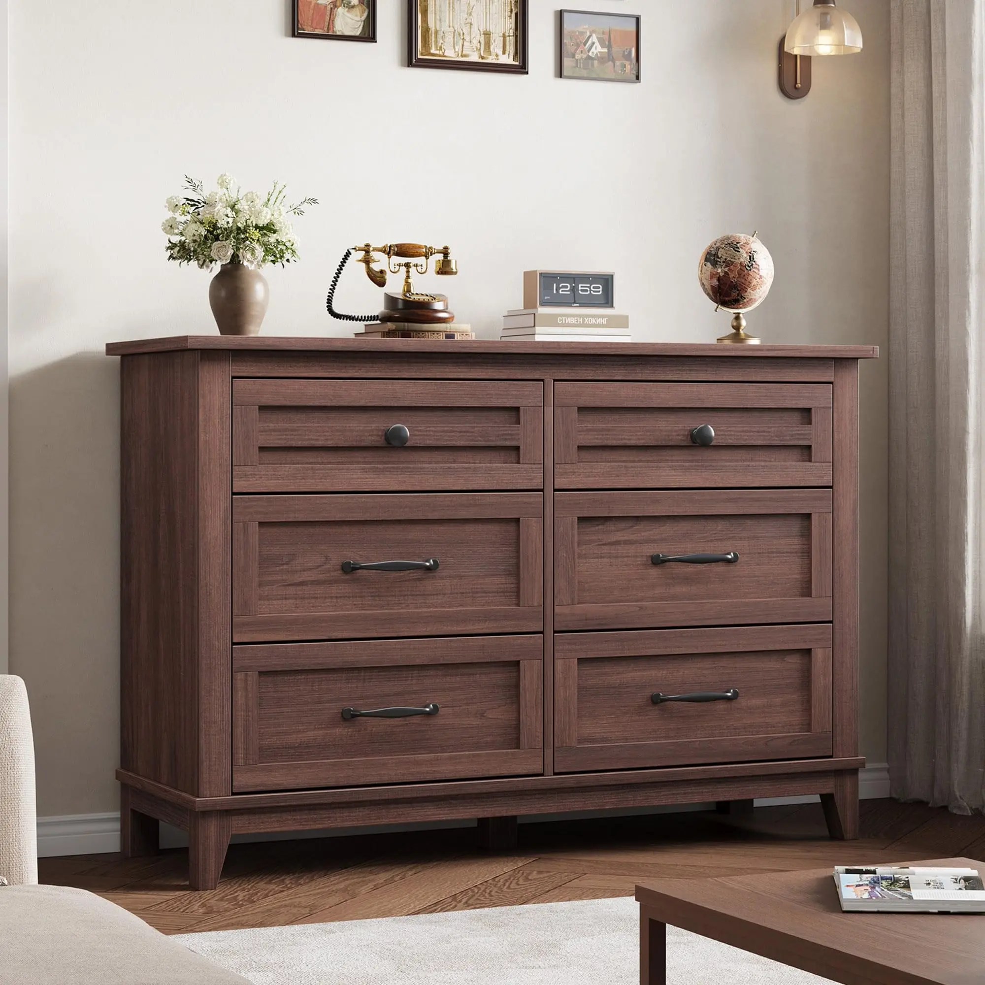 47" Wide 6-Drawer Wooden Dresser for Bedroom – Modern Freestanding Storage Chest with Adjustable Feet, Closet Organizer for Living Room, Entryway, or Hallway – Bedroom Furniture Set,dorm essentials,home decor